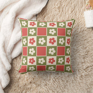 Retro Olive Green & Rust Daisy Checkerboard Kissen