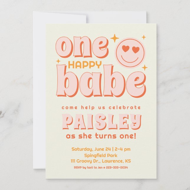 Retro One Happy Babe First Birthday Invitation (Devant)
