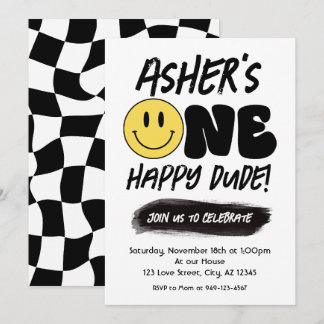 Retro One Happy Typ Happy Face ersten Geburtstag Einladung
