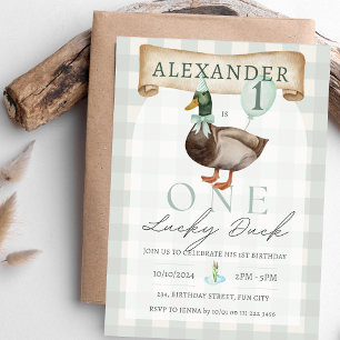 Retro One Lucky Duck 1. Geburtstag Green Gingham Einladung