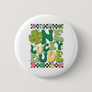 Retro One Lucky Dude St. Patricks Day Shamrock Glü Button