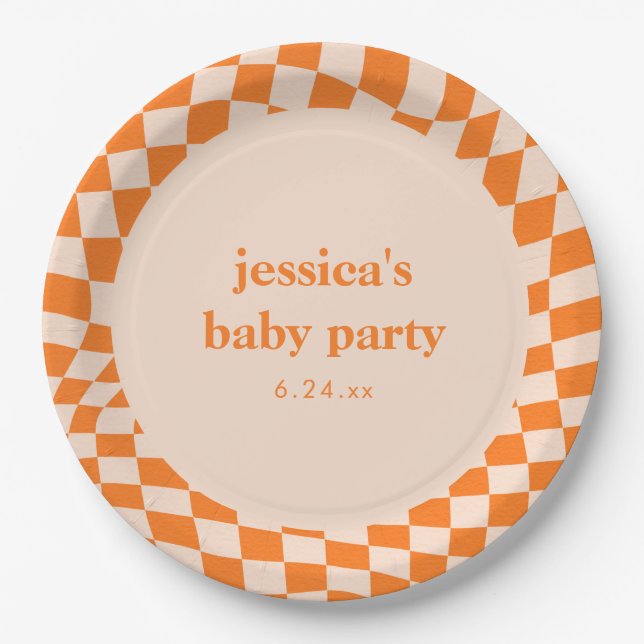 Retro Orange Abstract Checkerboard Baby Shower Pappteller (Vorderseite)