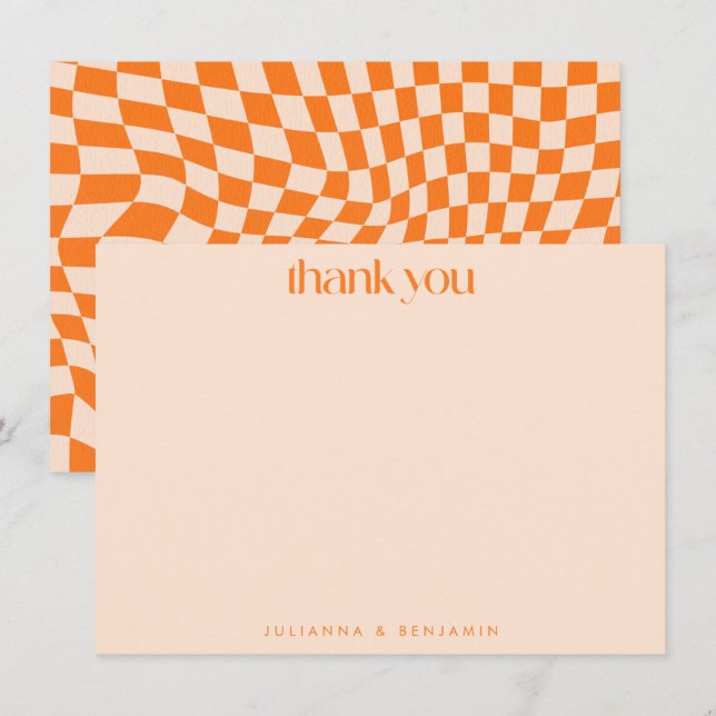 Retro Orange Abstract Checkerboard Wedding Custom Dankeskarte (Vorne/Hinten)