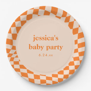 Retro-Orange-Abstract-Schachbrett-Baby-Party Pappteller