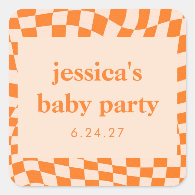 Retro Orange Abstrakt Checkerboard Babydusche Quadratischer Aufkleber (Vorderseite)
