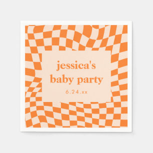 Retro-Orange-Abstrakte Schachbrett-Baby-Party Serviette