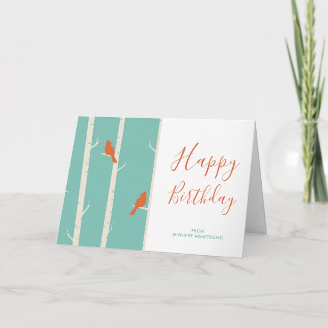 Retro Orange Birds auf Birkenbäumen Geburtstag Karte (Vorderseite)