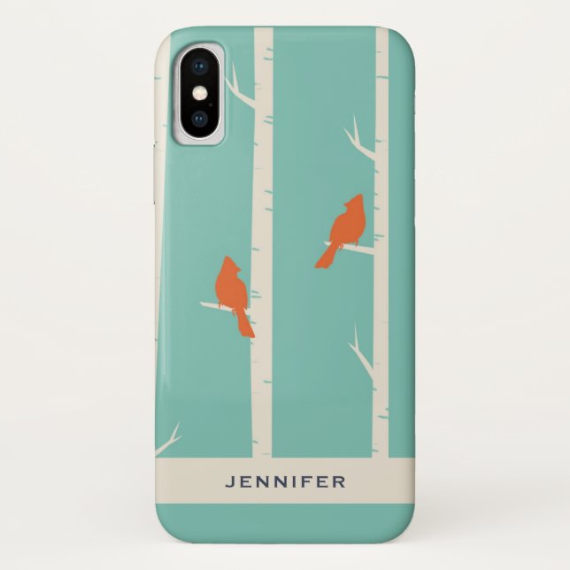 Retro Orange Birds on Birch Trees Illustration Case-Mate iPhone Hülle (Rückseite)