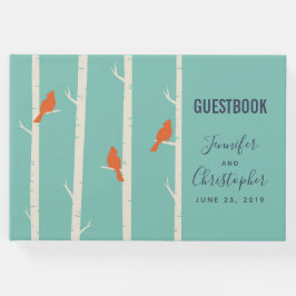 Retro Orange Birds on Birch Trees Illustration Gästebuch
