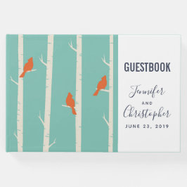 Retro Orange Birds on Birch Trees Illustration Gästebuch