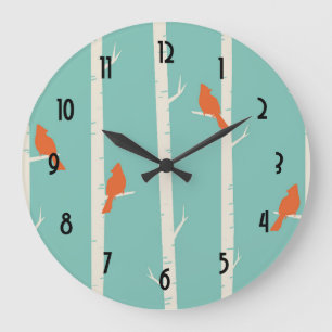 Retro Orange Birds on Birch Trees Illustration Große Wanduhr