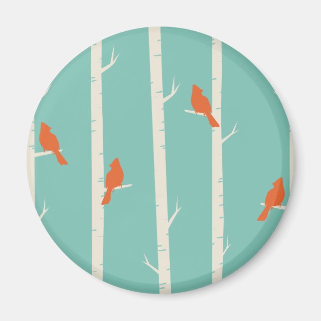 Retro Orange Birds on Birch Trees Illustration Magnet (Vorne)