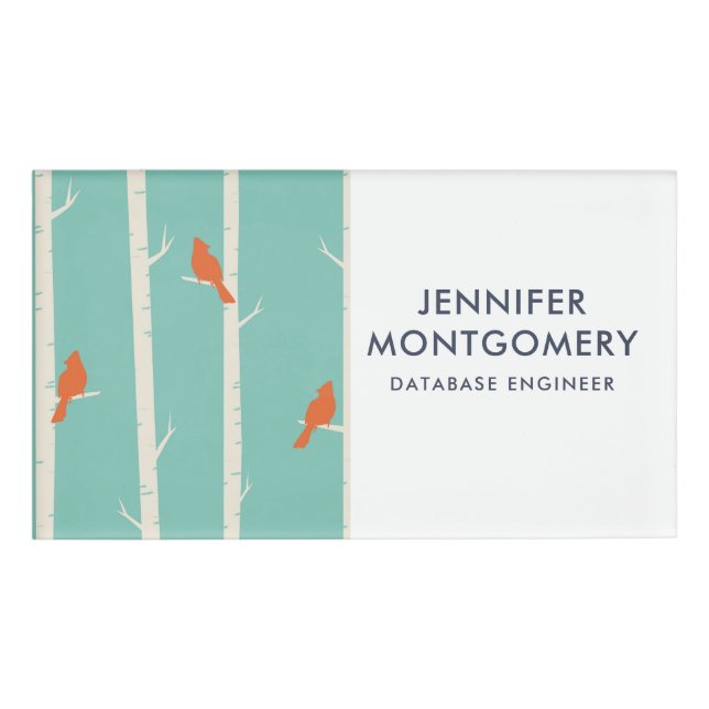 Retro Orange Birds on Birch Trees Illustration Namenschild (Vorderseite)