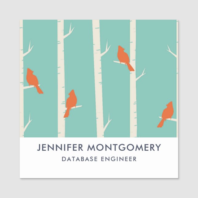 Retro Orange Birds on Birch Trees Illustration Namensschild (Vorderseite)
