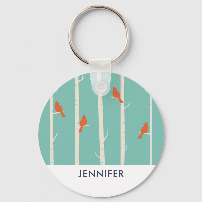 Retro Orange Birds on Birch Trees Illustration Schlüsselanhänger (Vorderseite)