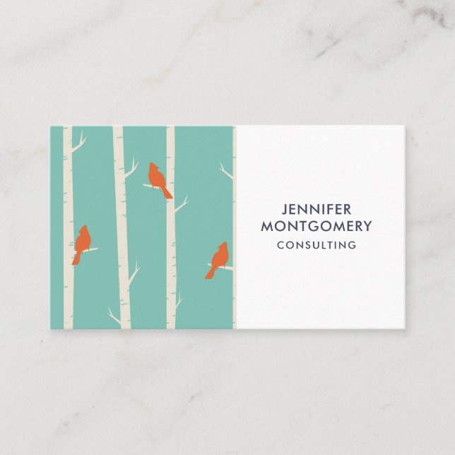 Retro Orange Birds on Birch Trees Illustration Visitenkarte (Vorderseite)