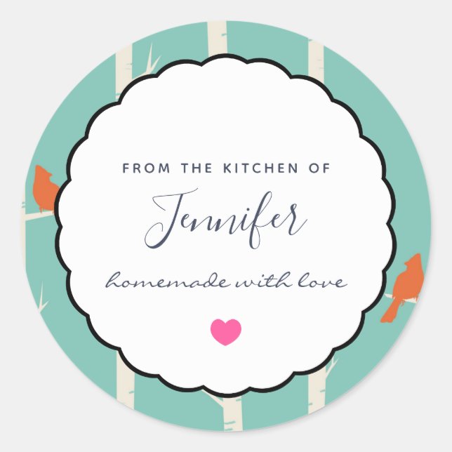 Retro Orange Birds on Birch Trees Kitchen Runder Aufkleber (Vorderseite)