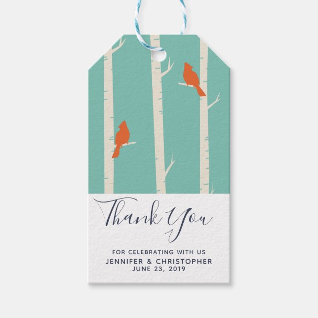 Retro Orange Birds on Birch Trees Wedding Danke Geschenkanhänger (Vorderseite)