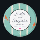 Retro Orange Birds on Birch Trees Wedding Danke Magnet<br><div class="desc">Ein Hochzeitsmagnet mit einer Darstellung von Birkenbäumen mit Orangenvögeln,  die auf ihren Zweigen sitzen. Retro grüner Hintergrund.</div>