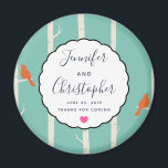 Retro Orange Birds on Birch Trees Wedding Danke Magnet<br><div class="desc">Ein Hochzeitsmagnet mit einer Darstellung von Birkenbäumen mit Orangenvögeln,  die auf ihren Zweigen sitzen. Retro grüner Hintergrund.</div>