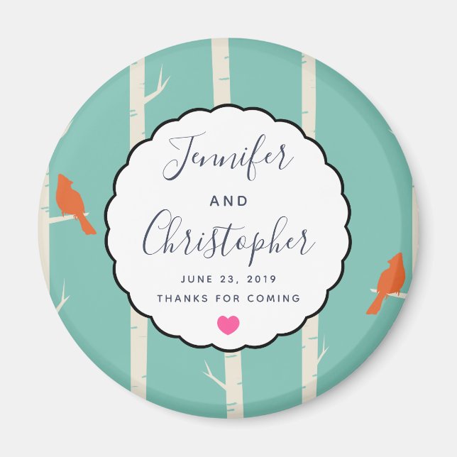 Retro Orange Birds on Birch Trees Wedding Danke Magnet (Vorne)