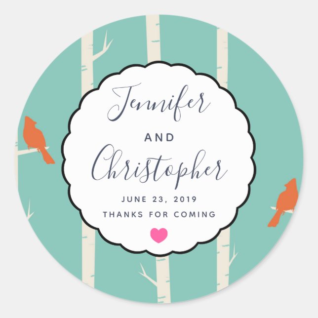 Retro Orange Birds on Birch Trees Wedding Danke Runder Aufkleber (Vorderseite)