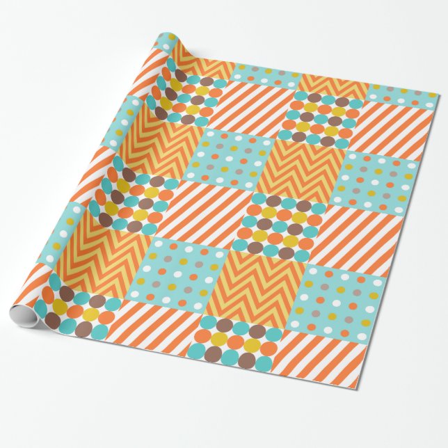 Retro Orange Blau Senfgelb Patchwork-Muster Geschenkpapier (Ungerollt)