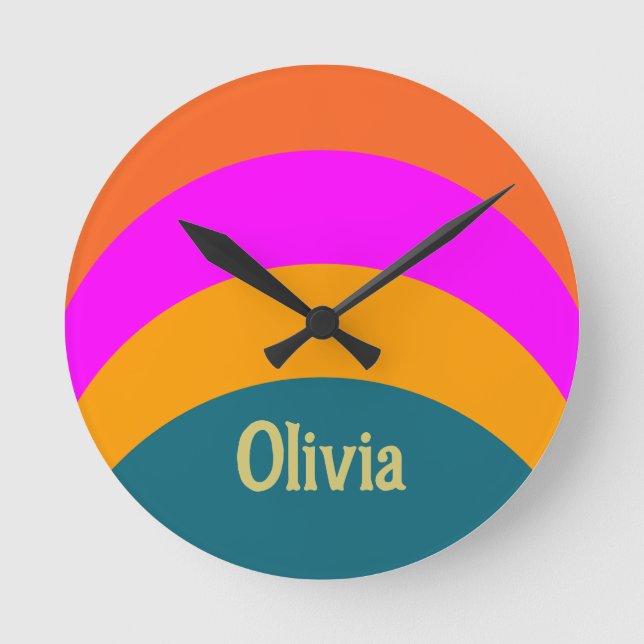 Retro Orange Blue und Magenta Name farbenfroh Runde Wanduhr (Vorderseite)