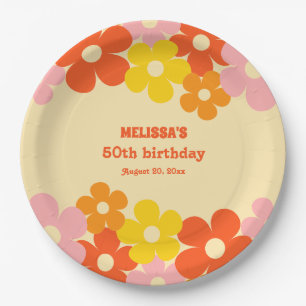 Retro Orange Blume Boho 50. Geburtstag Pappteller