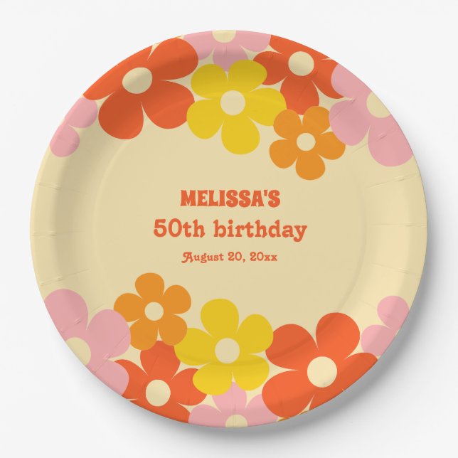 Retro Orange Blume Boho 50. Geburtstag Pappteller (Vorderseite)