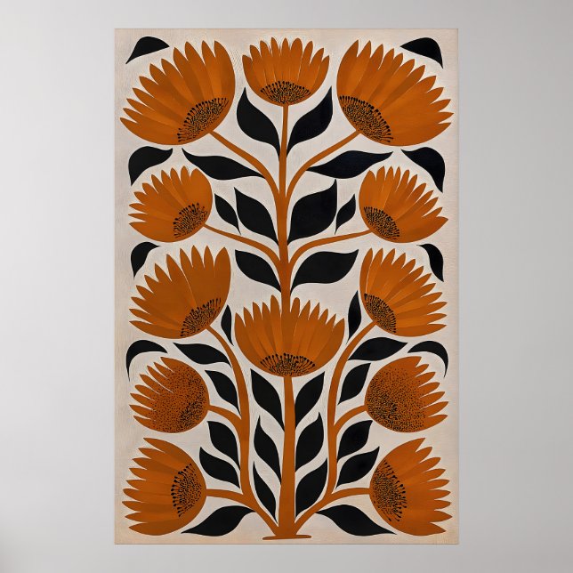 Retro-Orange-Blumenmuster im Stil der Mitte des 20 Poster (Vorne)