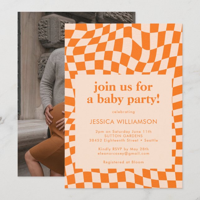 Retro Orange Checkerboard Baby Dusche Foto Einladung (Vorne/Hinten)