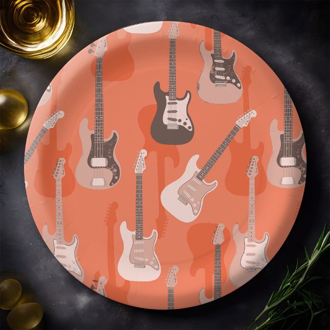 Retro Orange Electric Rock Gitarre & Bass Muster Pappteller (Rock guitar pattern paper plate in retro orange)