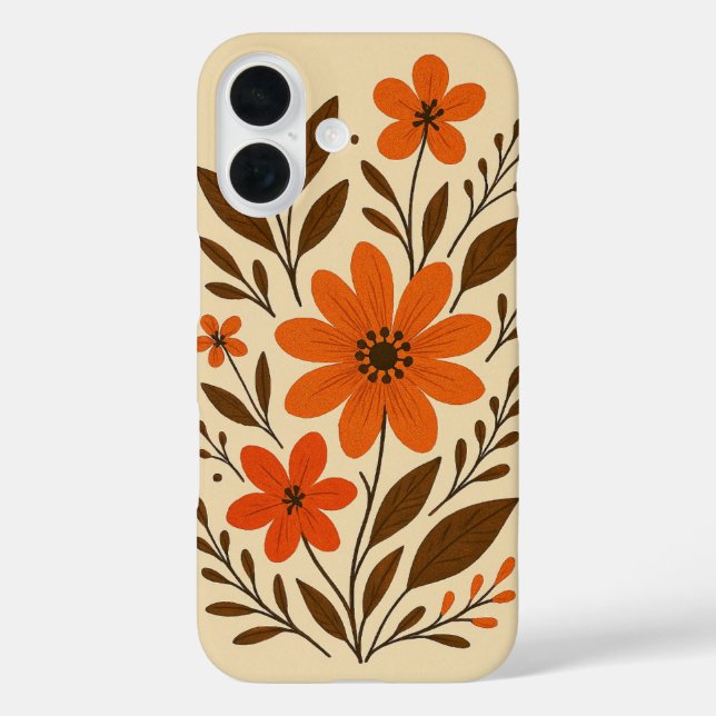 Retro Orange Floral Muster iPhone 16 Hülle (Rückseite)