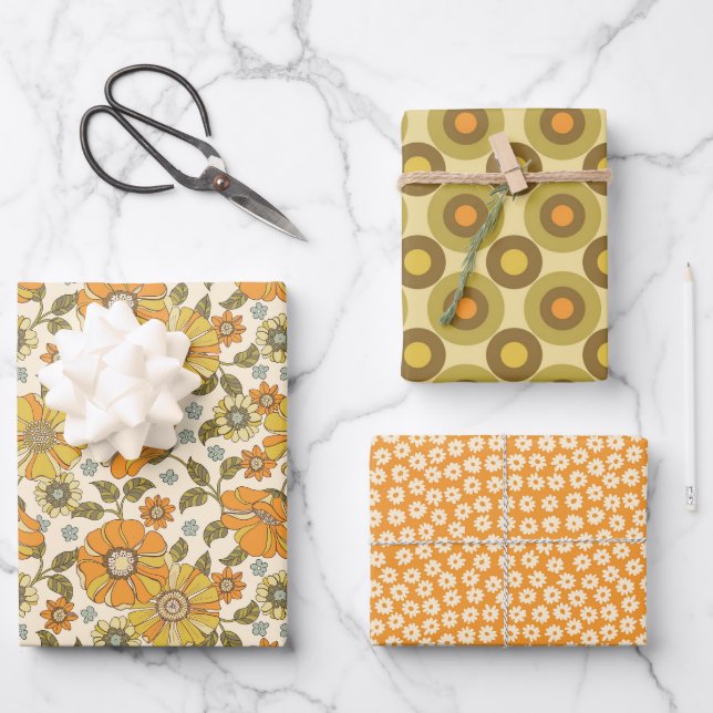 Retro Orange Floral Wrapping Paper Flachblatt Geschenkpapier Set (Vorderseite)