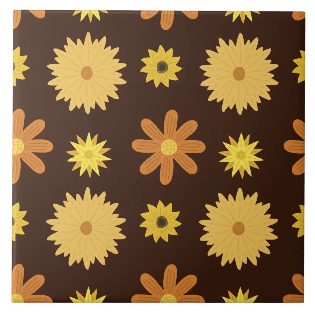 Retro orange Gelb-Blumenmuster Siebzigerjahre Fliese (Vorderseite)