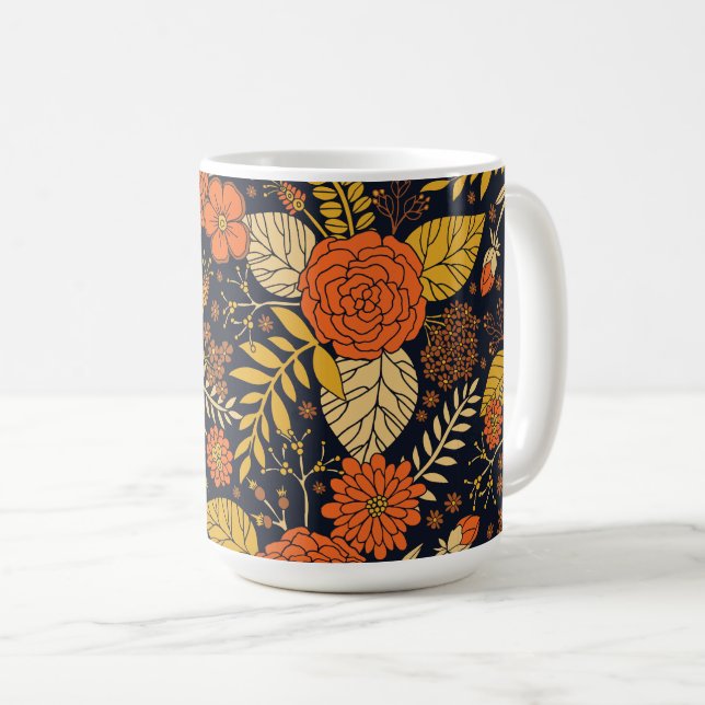 Retro Orange, Gelb, Braun & Navy Floral Muster Kaffeetasse (VorderseiteRechts)
