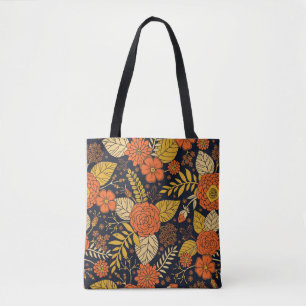 Retro Orange, gelb, Brown u. Marine-Blumenmuster Tasche