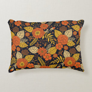 Retro Orange, Gelb & Marineblau Blumenmuster Dekokissen