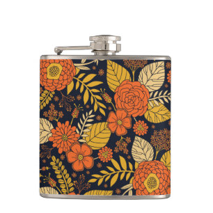 Retro Orange, Gelb & Marineblume  Flachmann
