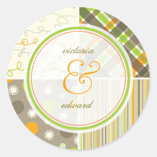 Retro Orange Green Combo Pattern Hochzeitsticker Runder Aufkleber
