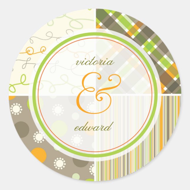 Retro Orange Green Combo Pattern Hochzeitsticker Runder Aufkleber (Vorderseite)
