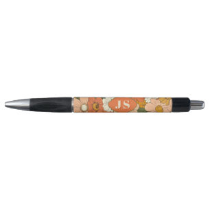Retro Orange Groove Floral Monogramm Pen Kugelschreiber