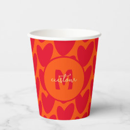 Retro Orange Groovy Red Hearts Name über Monogramm Pappbecher