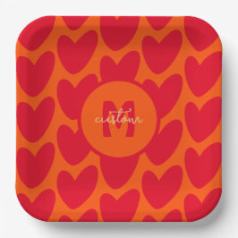 Retro Orange Groovy Red Hearts Name über Monogramm Pappteller