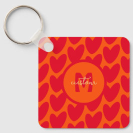 Retro Orange Groovy Red Hearts Name über Monogramm Schlüsselanhänger