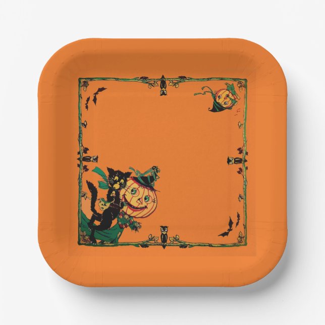 Retro Orange Halloween  Pappteller (Vorderseite)