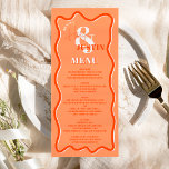 Retro-Orange-Kurve quiggle-Hochzeit Menükarte<br><div class="desc">Ein cooles Hochzeitsmenü mit individuellen Namen mit handgeschriebenem Kalligraphie- und Serif-Schriftart,  2 Namen ,  zwei Stile mit Retro boho Orange-Kurve quiggle wavy Hochzeit. Alle Texte,  Namen und Hintergrundfarben sind für Sie individuell einstellbar,  um Ihre Hochzeitssuite zu mischen und anzupassen.</div>