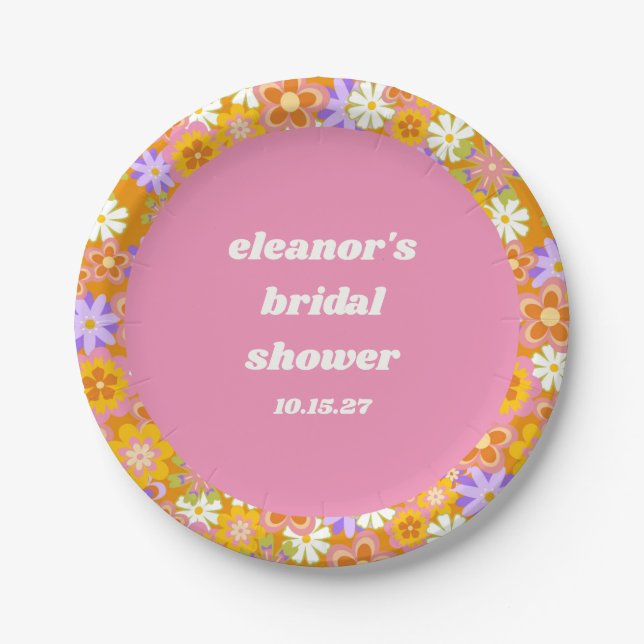 Retro Orange Lila Floral Custom Brautparty Pappteller (Vorderseite)