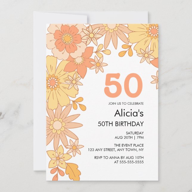 Retro Orange Peach Blume Groovy 50. Einladung (Vorderseite)